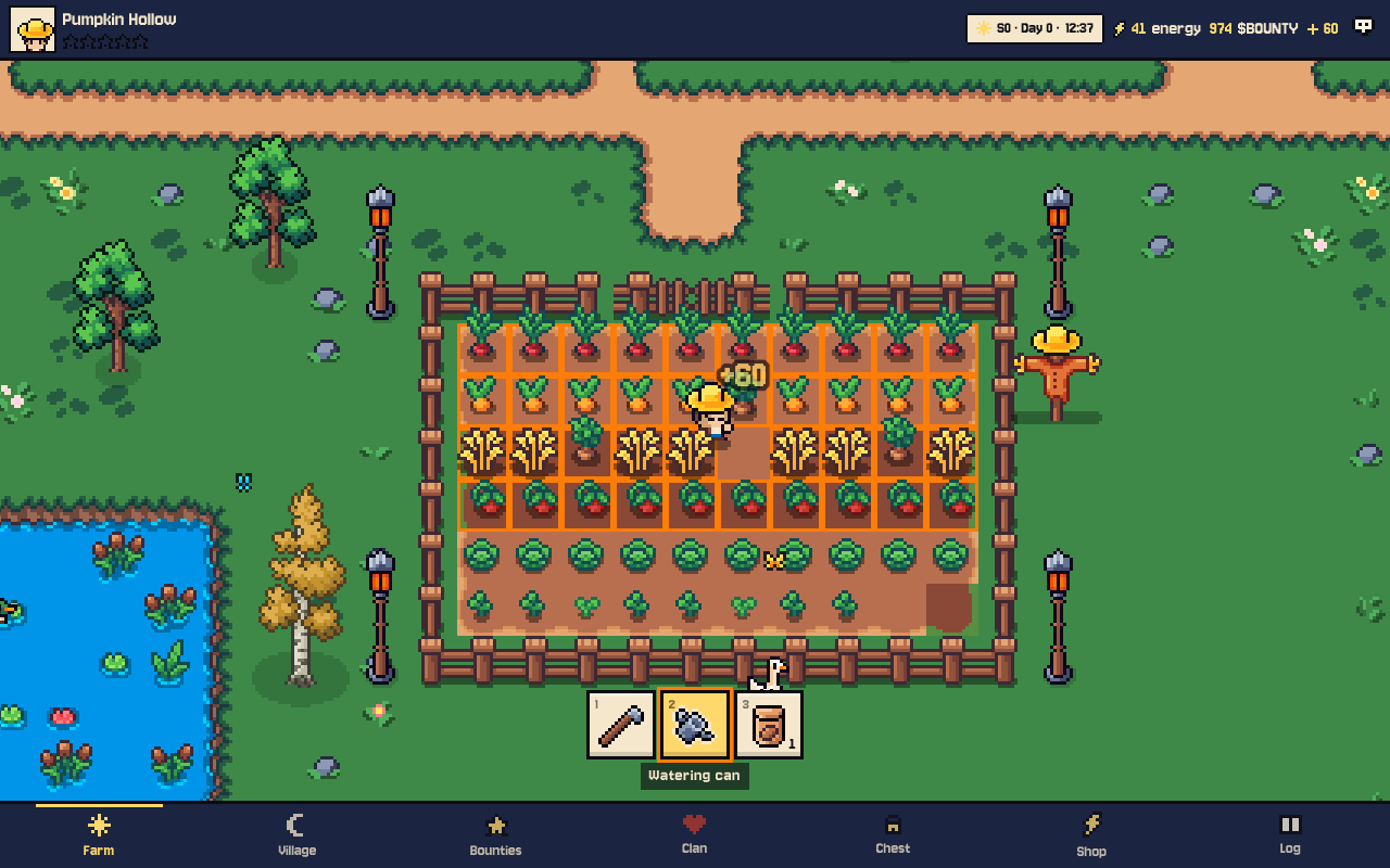 A farm in the Season 0 build: the farmer with a watering can in a fenced field of radishes, carrots, wheat, tomatoes, cabbages and strawberries, poachable rows outlined in orange, four lanterns, a scarecrow and a guard goose
